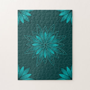 Teal Leaf Mandala Design on Dark Cyan Jigsaw Puzzle