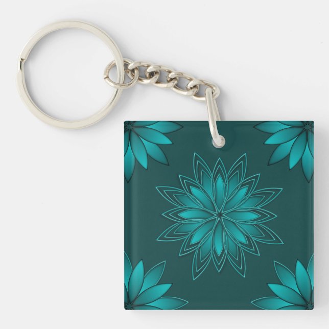 Teal Leaf Mandala Design on Dark Cyan Key Ring (Front)