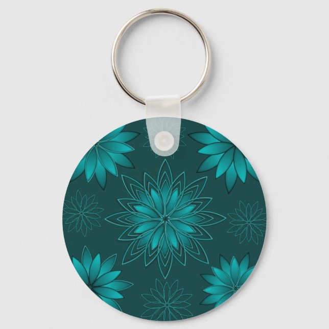 Teal Leaf Mandala Design on Dark Cyan Key Ring (Back)