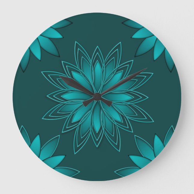 Teal Leaf Mandala Design on Dark Cyan Large Clock (Front)