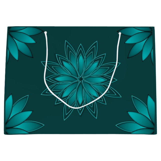 Teal Leaf Mandala Design on Dark Cyan Large Gift Bag (Front)