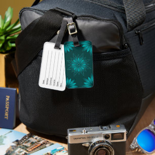 Teal Leaf Mandala Design on Dark Cyan Luggage Tag