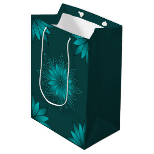 Teal Leaf Mandala Design on Dark Cyan Medium Gift Bag