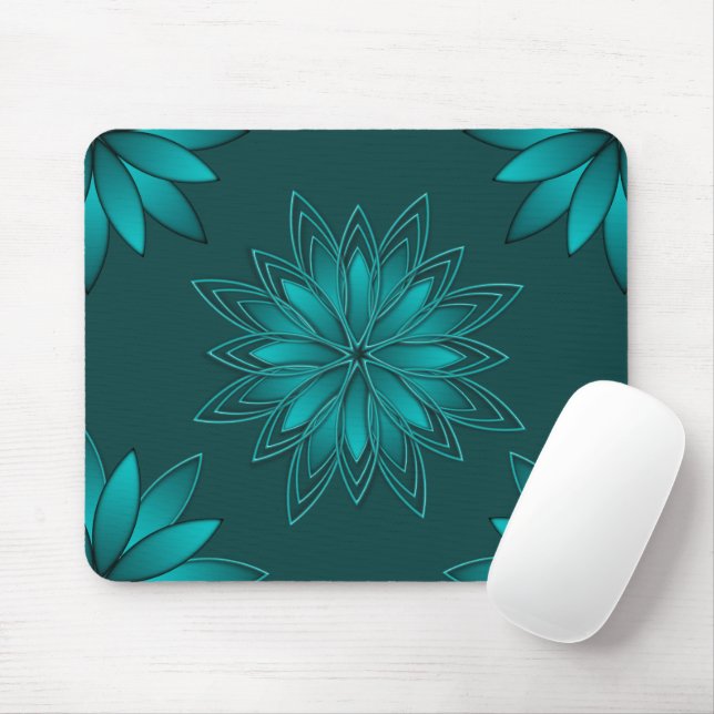 Teal Leaf Mandala Design on Dark Cyan Mouse Pad (With Mouse)