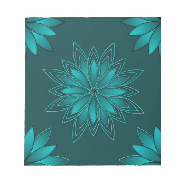 Teal Leaf Mandala Design on Dark Cyan Notepad (Front)