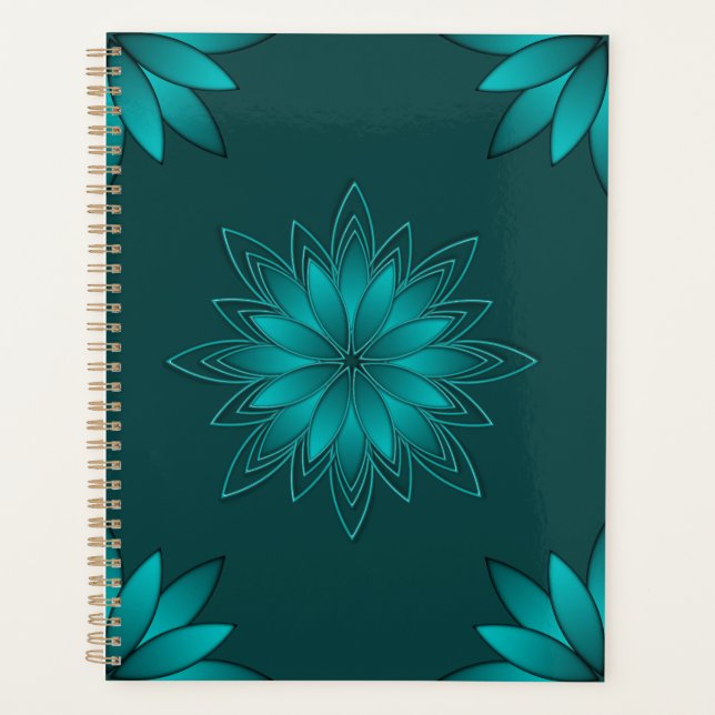 Teal Leaf Mandala Design on Dark Cyan Planner (Front)