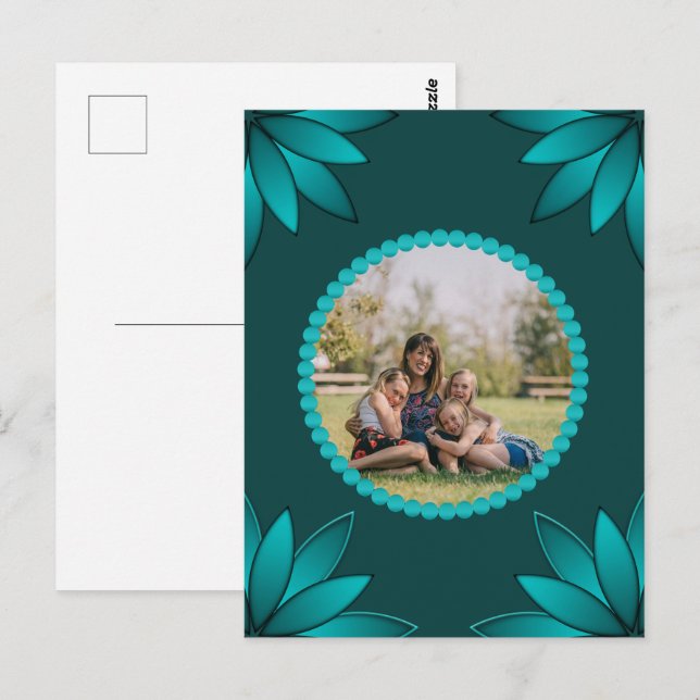 Teal Leaf Mandala Design on Dark Cyan Postcard (Front/Back)