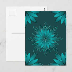 Teal Leaf Mandala Design on Dark Cyan Postcard