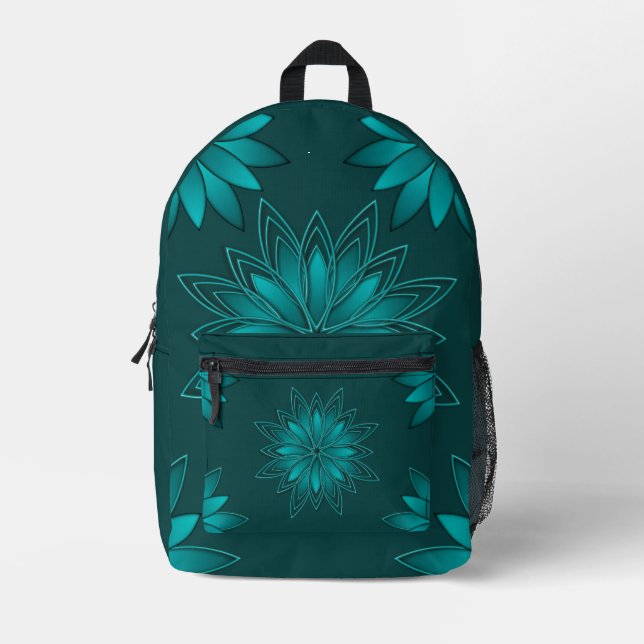 Teal Leaf Mandala Design on Dark Cyan Printed Backpack (Front)