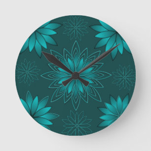 Teal Leaf Mandala Design on Dark Cyan Round Clock