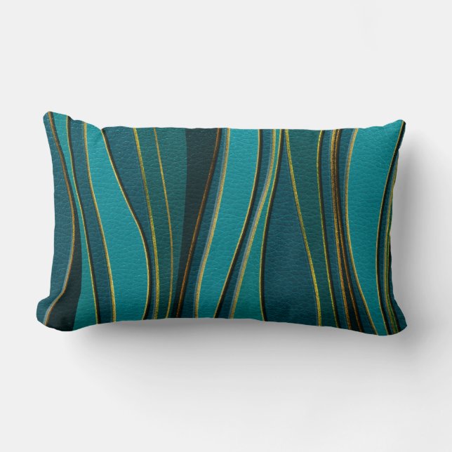 Teal Leather and Gold Sea  Wave Pattern Lumbar Cushion (Front)