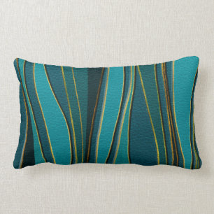 Teal Leather and Gold Sea  Wave Pattern Lumbar Cushion