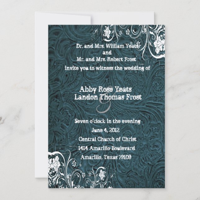 Teal Leather and White Lace Wedding Invitation (Front)