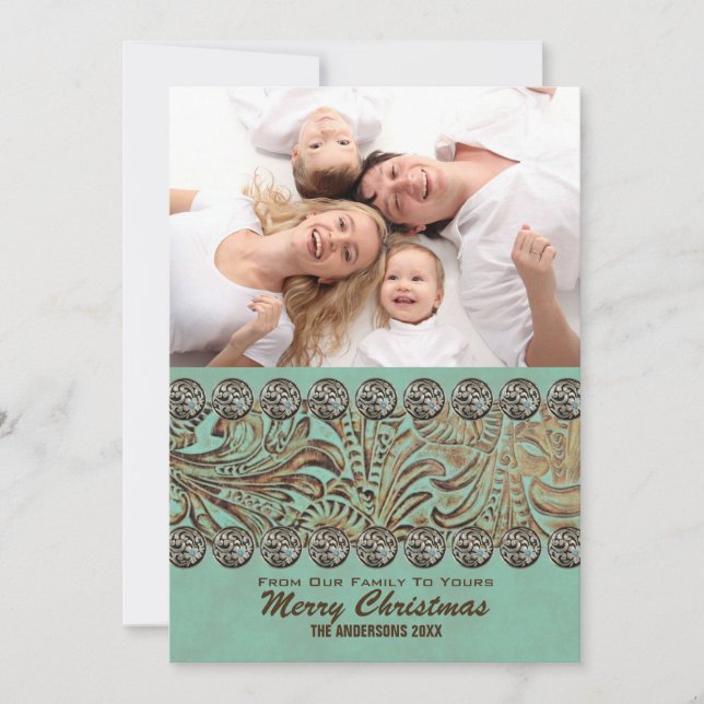 Teal Leather Country Western Christmas Photo Holiday Card (Front)