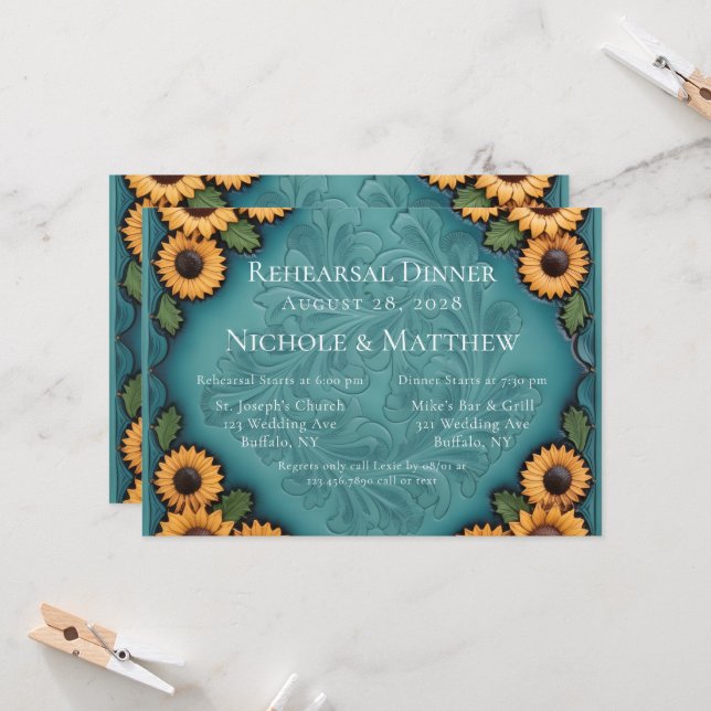 Teal Leather Tooled & Sunflowers Rehearsal Dinner Invitation (Front/Back In Situ)