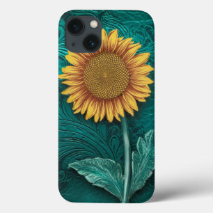 Teal Leather Tooled Yellow Sunflower iPhone 13 Case