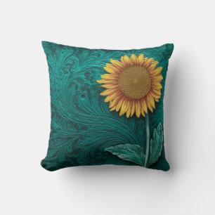 Teal Leather Tooled Yellow Sunflower Cushion