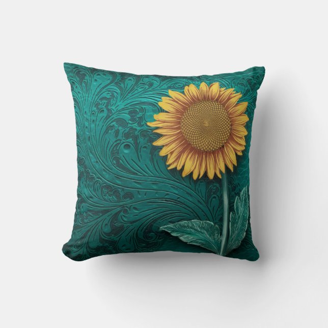 Teal Leather Tooled Yellow Sunflower Cushion (Front)