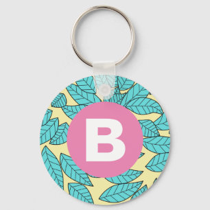 Teal Leaves Botanical Pattern Bright Pink Monogram Key Ring