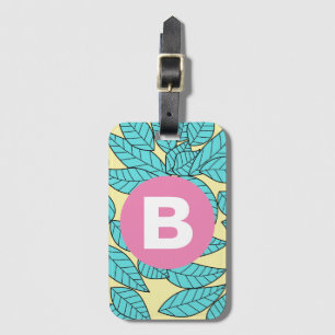 Teal Leaves Botanical Pattern Bright Pink Monogram Luggage Tag