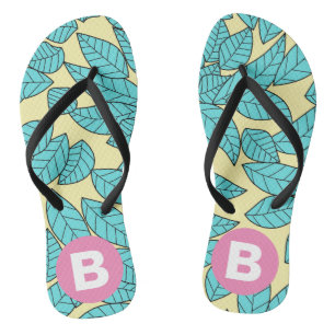Teal Leaves Botanical Pattern Bright Pink Monogram Thongs