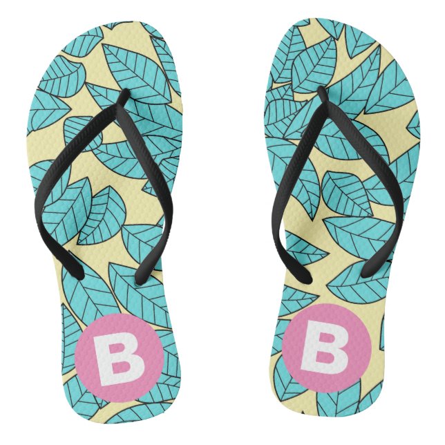 Teal Leaves Botanical Pattern Bright Pink Monogram Thongs (Footbed)