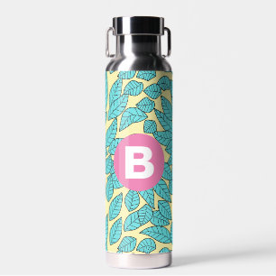 Teal Leaves Botanical Pattern Bright Pink Monogram Water Bottle
