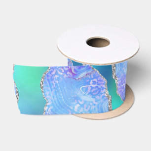 Teal Leopard Agate Glam Abstract Stone Pattern Satin Ribbon