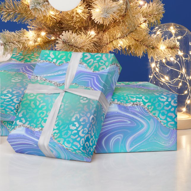 Teal Leopard Agate | Glam Abstract Stone Pattern Wrapping Paper (Holidays)