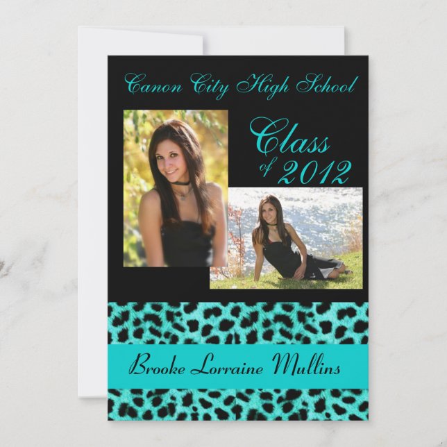 Teal leopard animal print graduation announcement (Front)