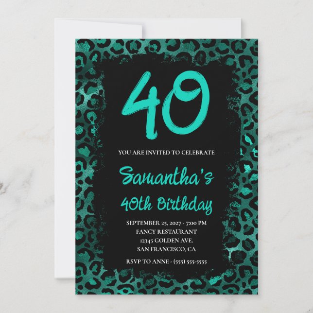 Teal Leopard Foil Painted Black 40th Birthday Invitation (Front)