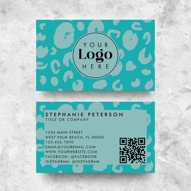 Teal Leopard Print Custom Company Logo QR Code Business Card (Creator Uploaded)