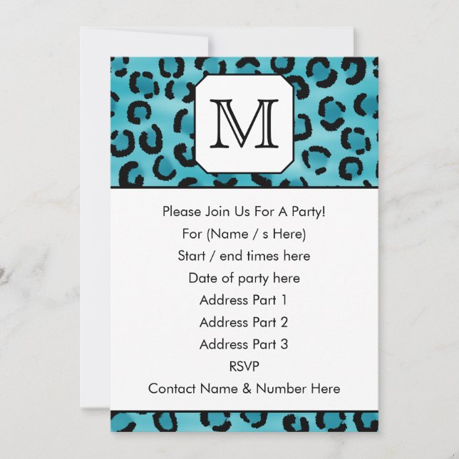 Teal Leopard Print, Custom Monogram. Invitation (Front)