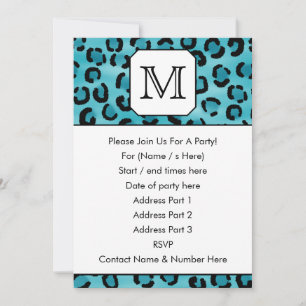 Teal Leopard Print, Custom Monogram. Invitation