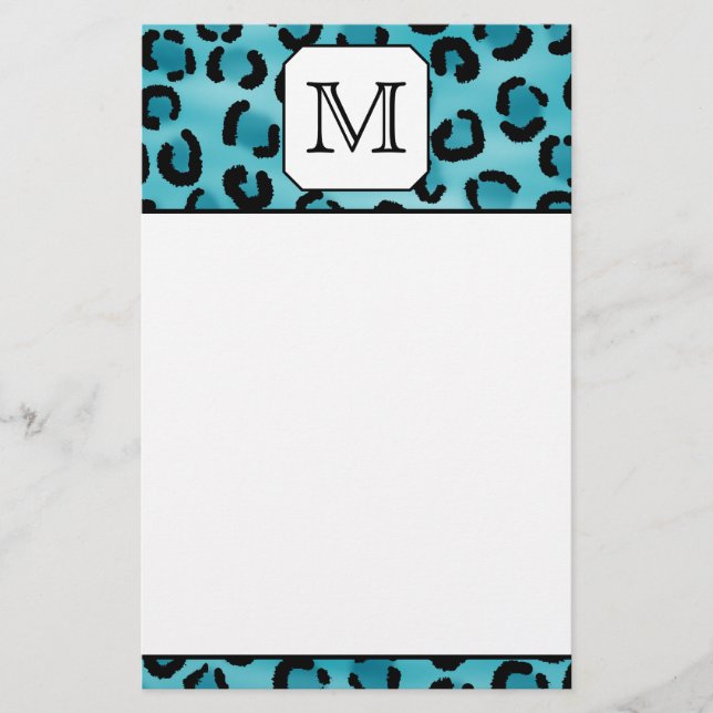 Teal Leopard Print, Custom Monogram. Stationery (Front)