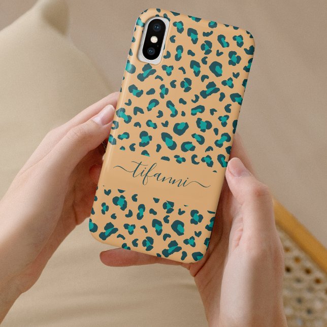 Teal Leopard Print Tan Editable Name Case-Mate iPhone Case (Creator Uploaded)