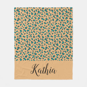 Teal Leopard Print Tan Editable Name Fleece Blanket