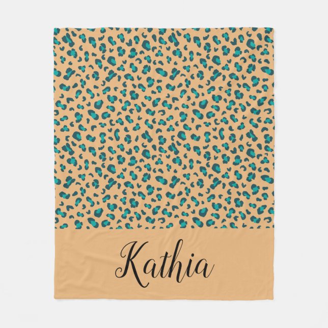 Teal Leopard Print Tan Editable Name Fleece Blanket (Front)