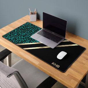 Teal Leopard with Gold & Black - Monogram Desk Mat
