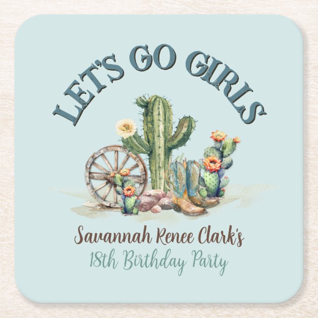 Teal Lets Go Girls Cowgirl Cactus Birthday Party Square Paper Coaster (Front)