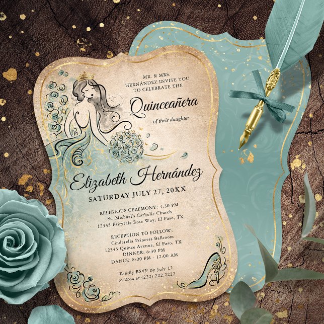 Teal Light Sage Seafoam Gold Princess Birthday Invitation (Unique seafoam sage green gold princess birthday invitations that will bring your fairytale to life!)