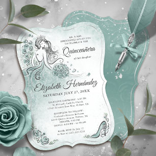 Teal Light Sage Seafoam Princess Quince Birthday Invitation