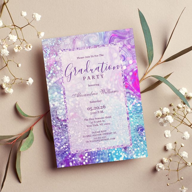 Teal lilac lavender marble glitter Graduation Invitation (Teal lilac lavender marble glitter Graduation Invitation )