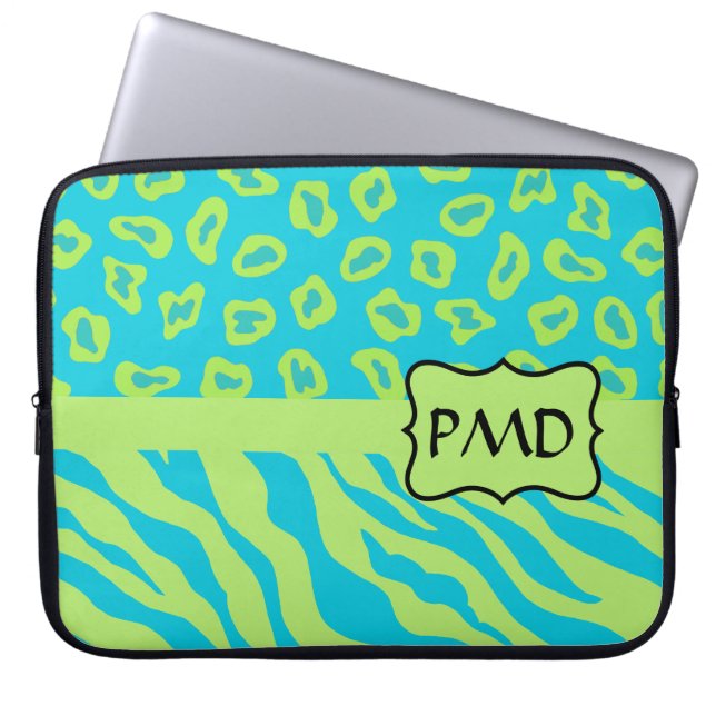 Teal, Lime Greem Zebra & Cheetah Personalised Laptop Sleeve (Front)