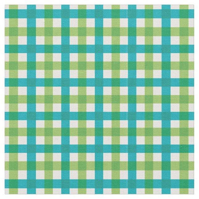 Teal & Lime Green Bright Gingham Plaid/ Tartan Fabric (Close Up)