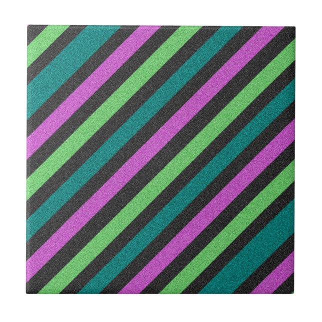 Teal, Lime Green, Hot Pink Glitter Striped STaylor Tile (Front)