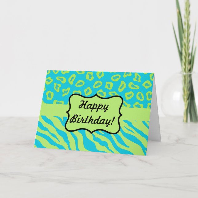 Teal & Lime Green Zebra & Cheetah Personalised Card (Front)