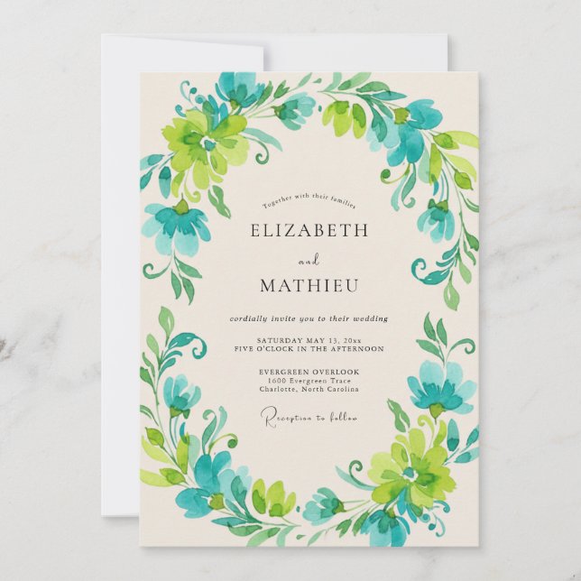 Teal Lime Wreath Wedding Invitation (Front)