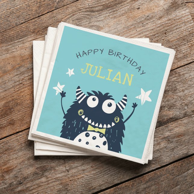 Teal | Little Monster Personalised Birthday Party Napkin (Creator Uploaded)