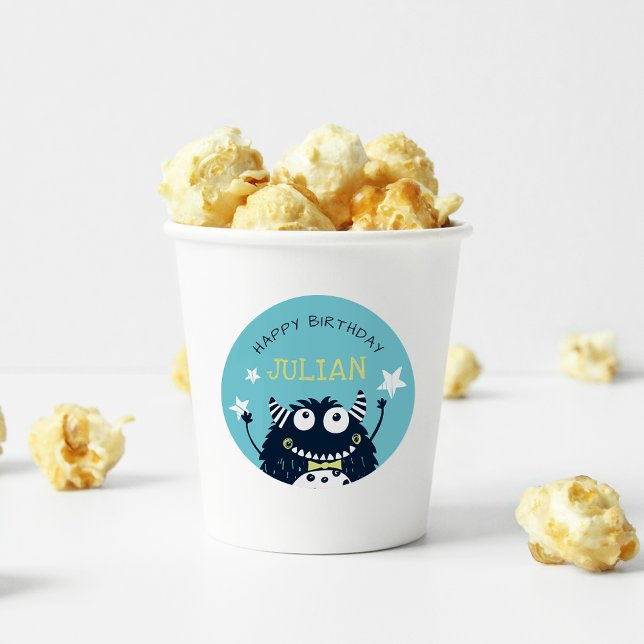 Teal | Little Monster Personalised Kids Birthday Classic Round Sticker (Creator Uploaded)